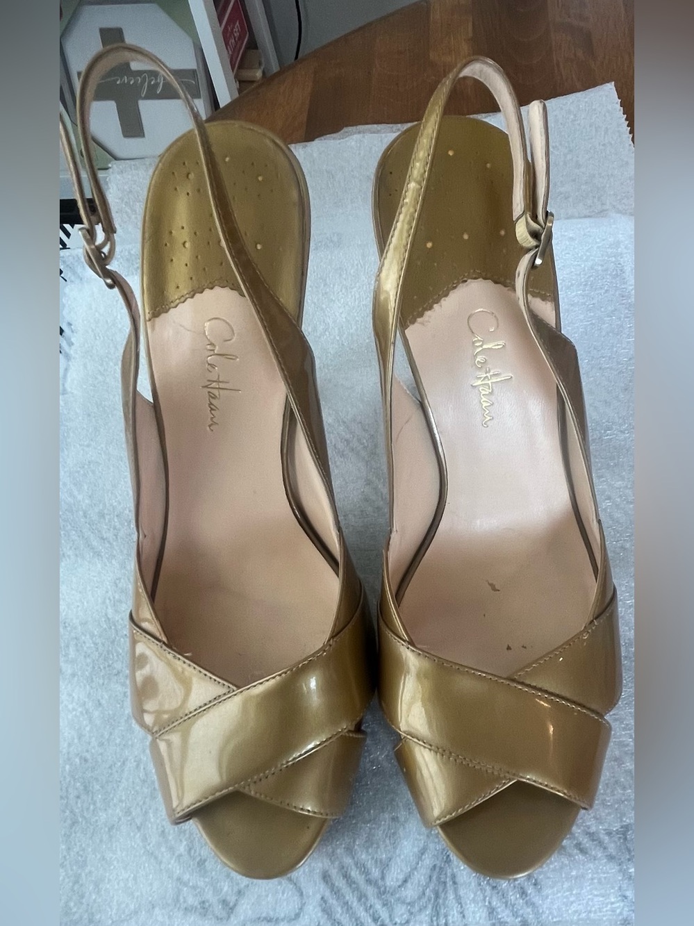 Cole Haan Nike Air Metallic Gold Patent Slingback Peep-Toe Heels PROJECT Piece